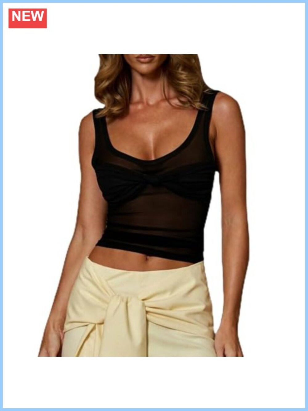 Women's Twist Knot Front Sheer Mesh Crop Tank Top Slim Fit Sleeveless